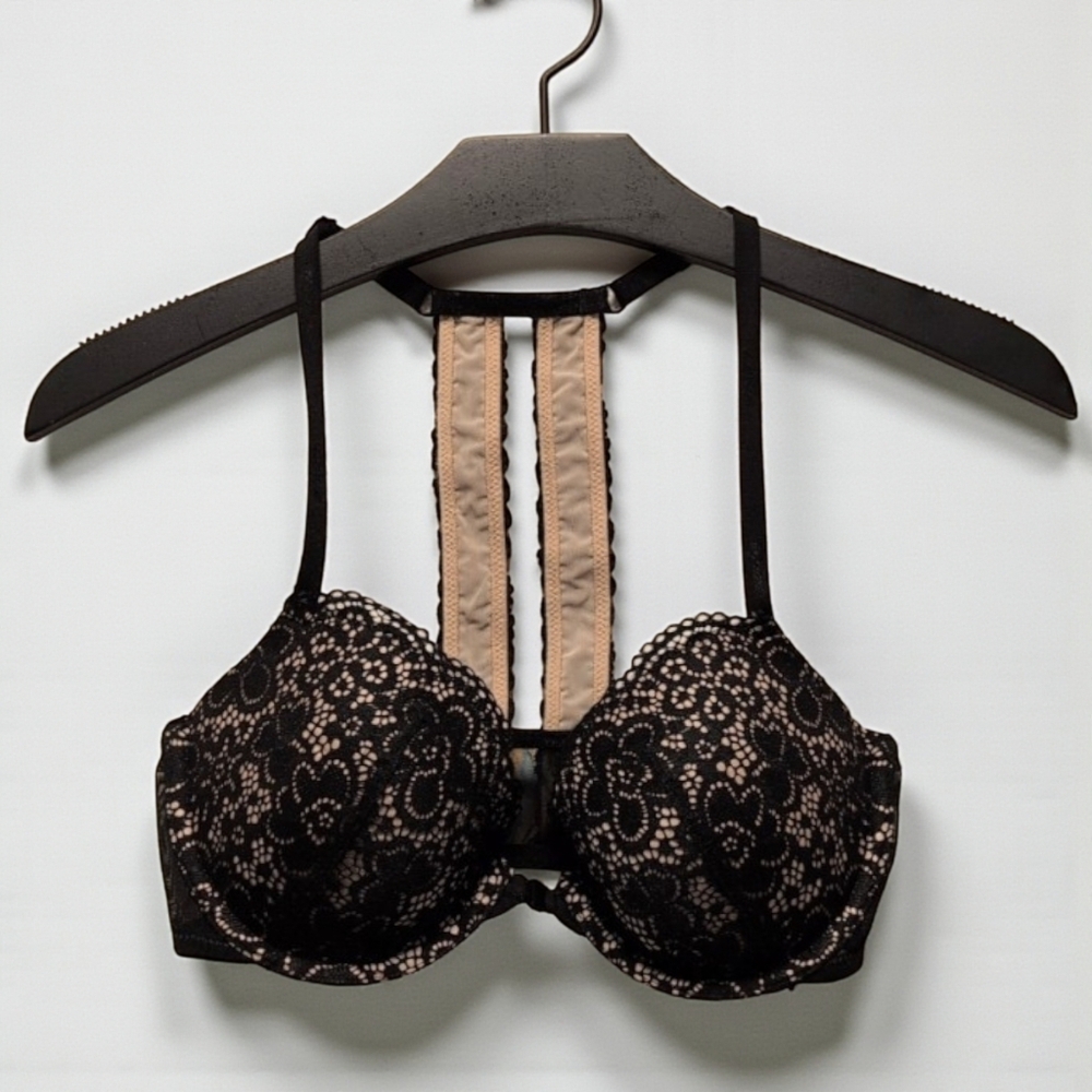 Aerie Strappy Bra 32D Lace Front Closure Black Racerback